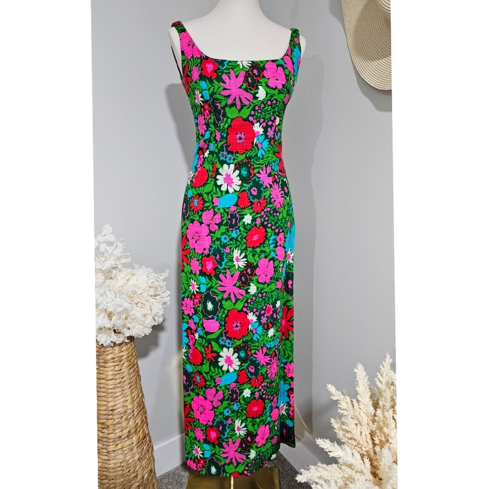 Green Vibrant Psychedelic flowers Shift Maxi Long Vintage Dress